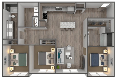 Floor plan for 3 beds, 2 baths, 1252 sqft